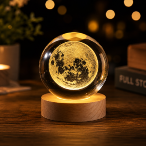 3D Crystal Moon Light Lamp with Wooden LED Base – Premium Night Light & Home Decor Gift