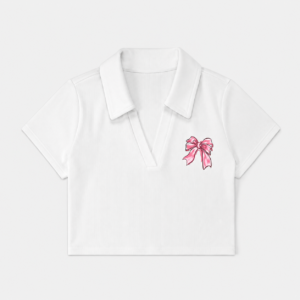 Women’s White Ribbed Polo Crop Top with Pink Bow Print | Affornix
