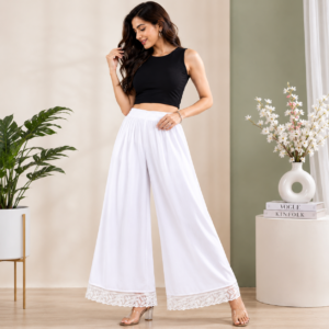 Women’s White Wide Leg Palazzo Pants with Lace Hem | Affornix